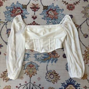 SHEIN Lantern Sleeve Ruched Scoop Neck Asymmetrical Hem Crop White Corset Large
